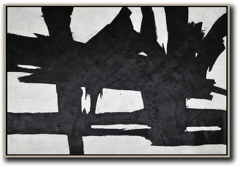 Modern Wall Art,Hand Painted Oversized Horizontal Minimal Art On Canvas, Black And White Minimalist Painting - Abstract Painting On Canvas